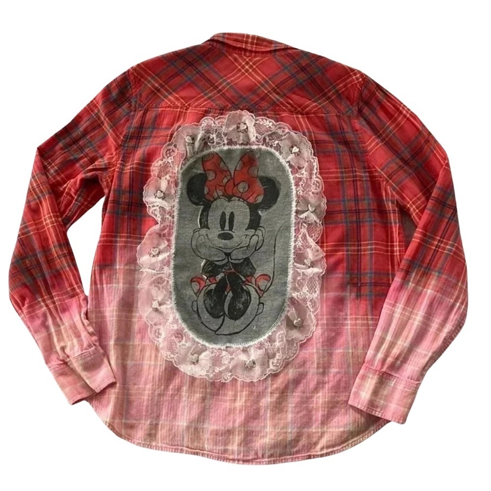 Jcrew Up Cycled Women Handmade Bleach Disney Minnie Mouse Flannel Sz 12 - Picture 1 of 11